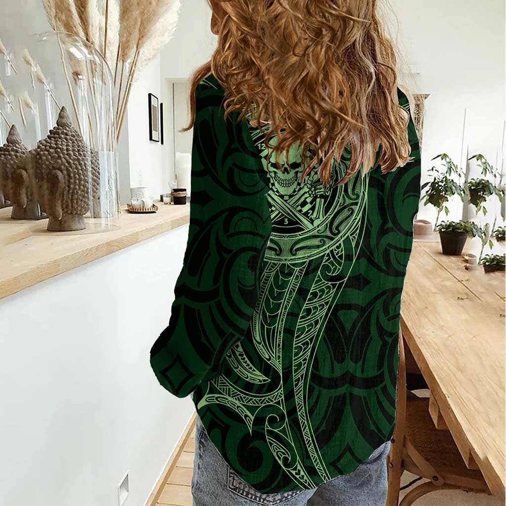 New Zealand Skull Darts Women Casual Shirt Aotearoa Maori Chest Tattoo Stylized Green - Polynesian Pride