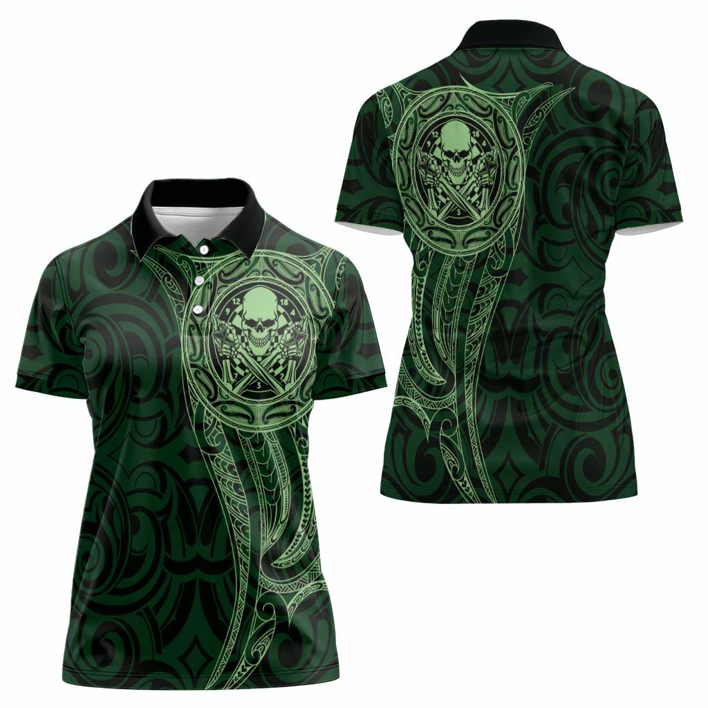 New Zealand Skull Darts Women Polo Shirt Aotearoa Maori Chest Tattoo Stylized Green - Polynesian Pride