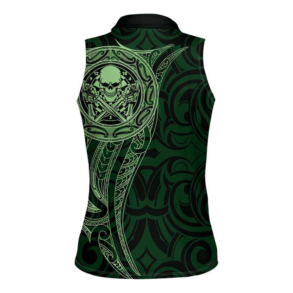 New Zealand Skull Darts Women Sleeveless Polo Shirt Aotearoa Maori Chest Tattoo Stylized Green - Polynesian Pride