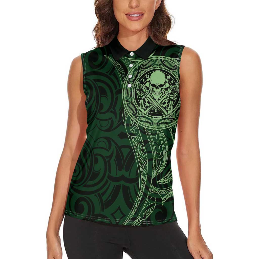 New Zealand Skull Darts Women Sleeveless Polo Shirt Aotearoa Maori Chest Tattoo Stylized Green - Polynesian Pride