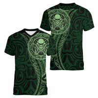 New Zealand Skull Darts Women V-Neck T-Shirt Aotearoa Maori Chest Tattoo Stylized Green - Polynesian Pride