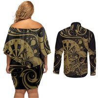 New Zealand Darts Couples Matching Off Shoulder Short Dress and Long Sleeve Button Shirt Skull In Dart We Trust Maori Pattern - Polynesian Pride