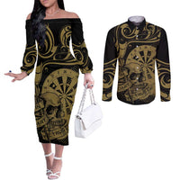 New Zealand Darts Couples Matching Off The Shoulder Long Sleeve Dress and Long Sleeve Button Shirt Skull In Dart We Trust Maori Pattern - Polynesian Pride