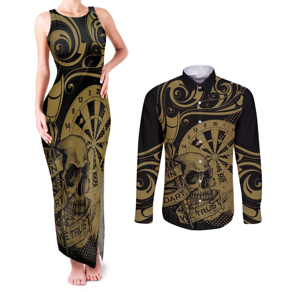 New Zealand Darts Couples Matching Tank Maxi Dress and Long Sleeve Button Shirt Skull In Dart We Trust Maori Pattern - Polynesian Pride