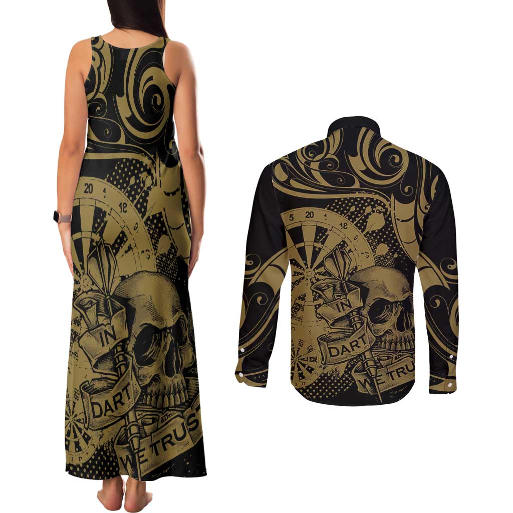 New Zealand Darts Couples Matching Tank Maxi Dress and Long Sleeve Button Shirt Skull In Dart We Trust Maori Pattern - Polynesian Pride