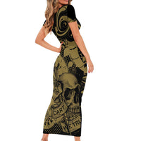 New Zealand Darts Family Matching Short Sleeve Bodycon Dress and Hawaiian Shirt Skull In Dart We Trust Maori Pattern - Polynesian Pride