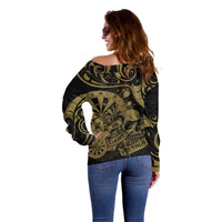 New Zealand Darts Off Shoulder Sweater Skull In Dart We Trust Maori Pattern - Polynesian Pride