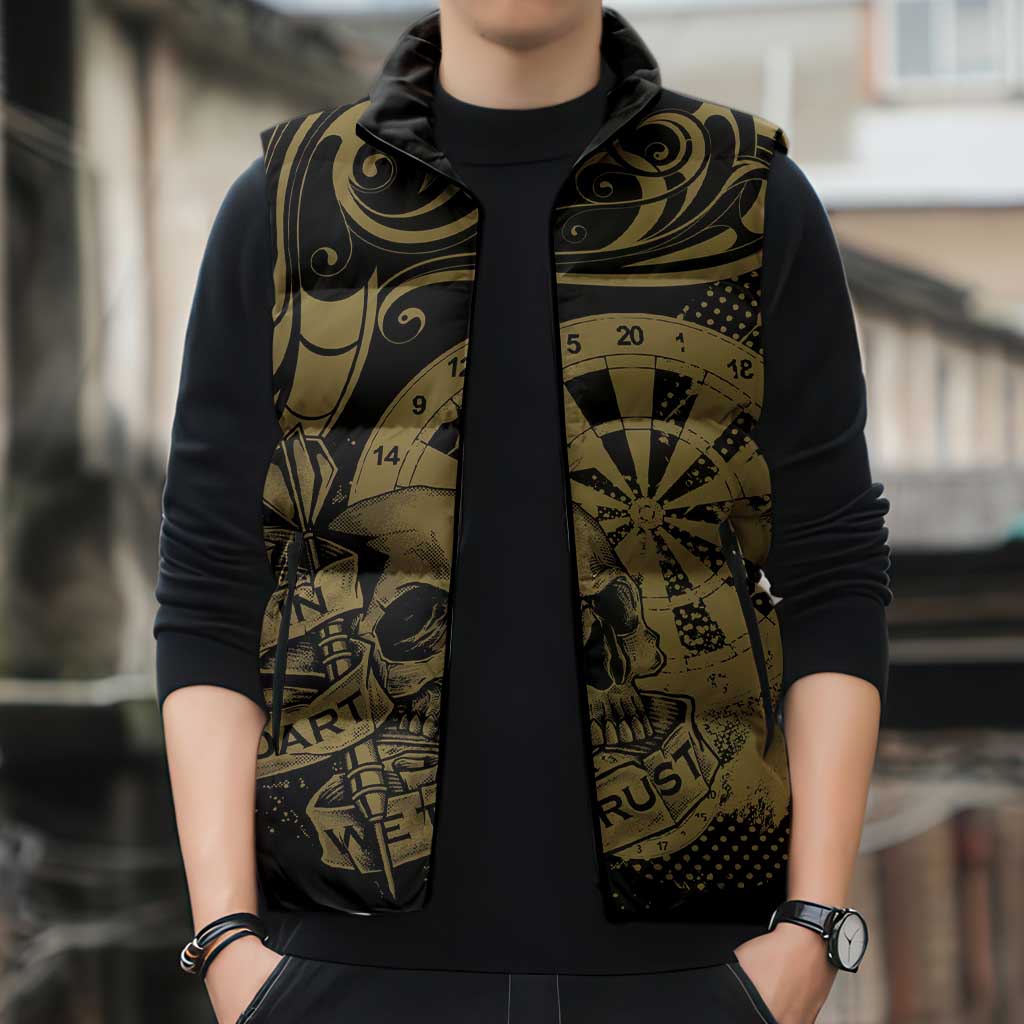 New Zealand Darts Sleeveless Puffer Jacket Skull In Dart We Trust Maori Pattern - Polynesian Pride