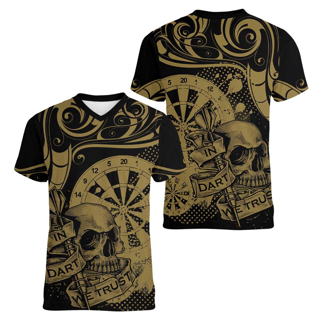 New Zealand Darts Women V-Neck T-Shirt Skull In Dart We Trust Maori Pattern - Polynesian Pride