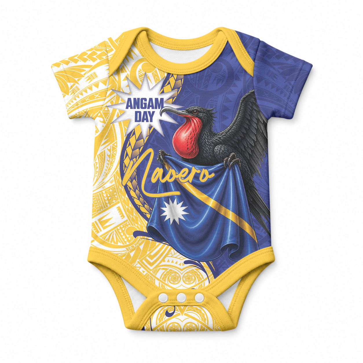 Personalised Nauru Angam Day Baby Onesie Naoero Frigatebird With Flag Proud