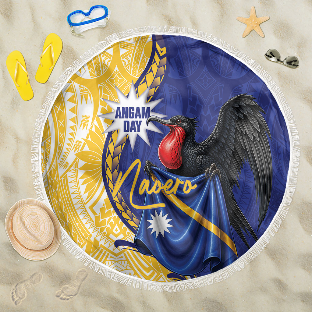 Nauru Angam Day Beach Blanket Naoero Frigatebird With Flag Proud