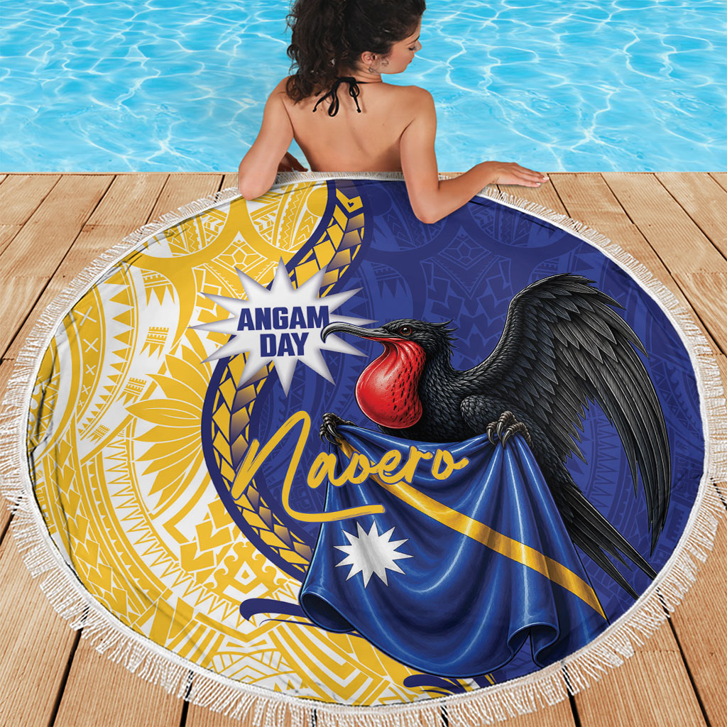 Nauru Angam Day Beach Blanket Naoero Frigatebird With Flag Proud