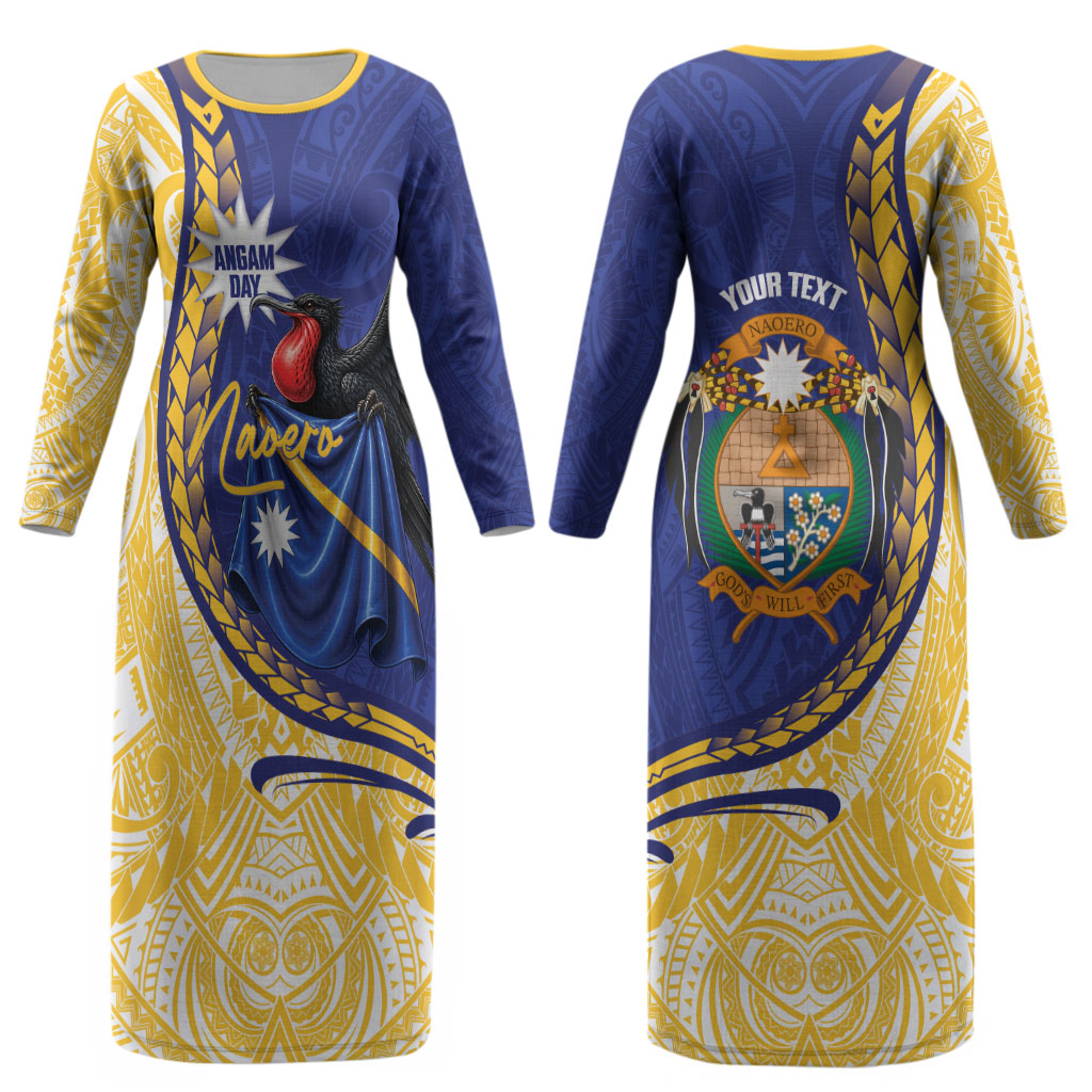 Personalised Nauru Angam Day Couples Matching Long Sleeve Bodycon Dress and Hawaiian Shirt Naoero Frigatebird With Flag Proud