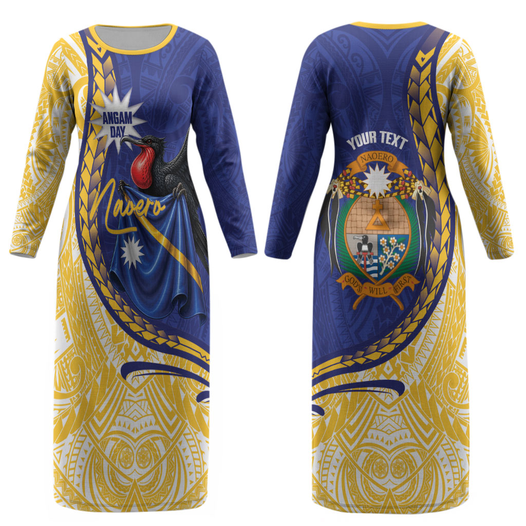 Personalised Nauru Angam Day Couples Matching Long Sleeve Bodycon Dress and Long Sleeve Button Shirt Naoero Frigatebird With Flag Proud