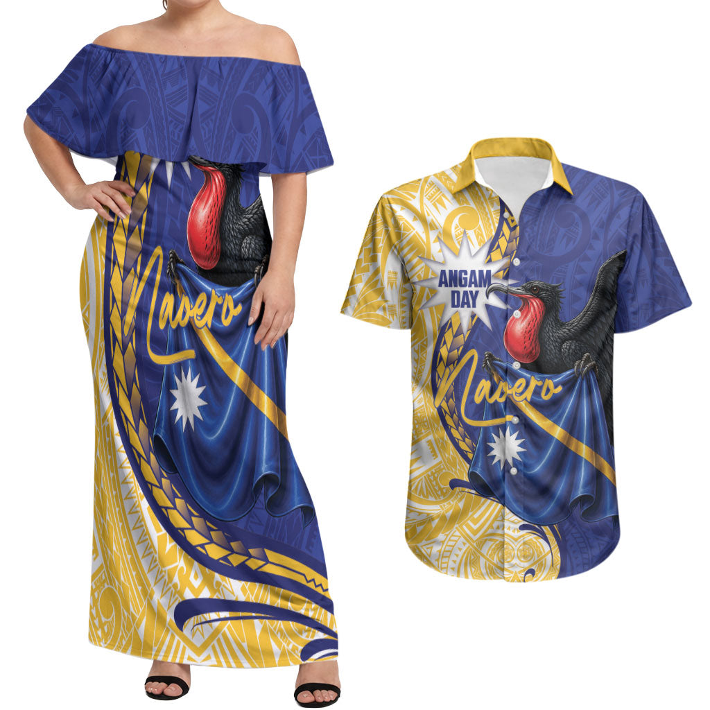 Personalised Nauru Angam Day Couples Matching Off Shoulder Maxi Dress and Hawaiian Shirt Naoero Frigatebird With Flag Proud
