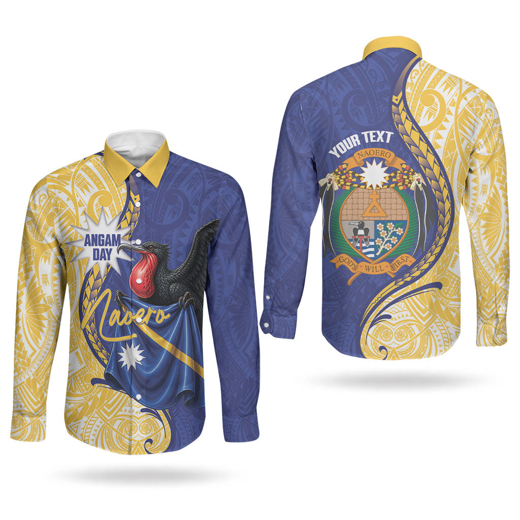 Personalised Nauru Angam Day Couples Matching Off Shoulder Maxi Dress and Long Sleeve Button Shirt Naoero Frigatebird With Flag Proud