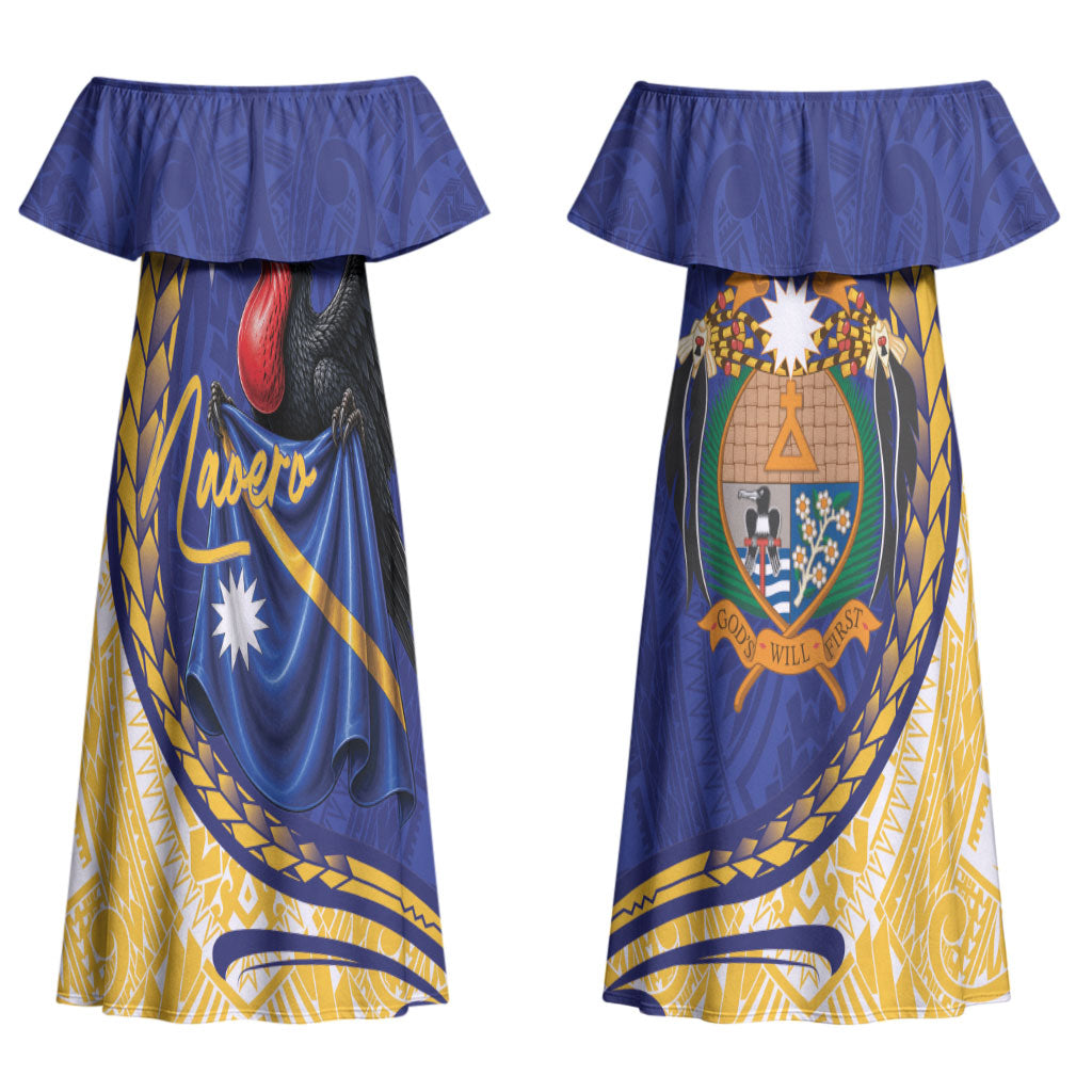 Personalised Nauru Angam Day Couples Matching Off Shoulder Maxi Dress and Long Sleeve Button Shirt Naoero Frigatebird With Flag Proud