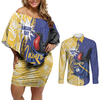 Personalised Nauru Angam Day Couples Matching Off Shoulder Short Dress and Long Sleeve Button Shirt Naoero Frigatebird With Flag Proud