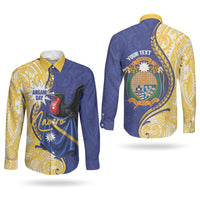 Personalised Nauru Angam Day Couples Matching Off Shoulder Short Dress and Long Sleeve Button Shirt Naoero Frigatebird With Flag Proud
