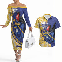 Personalised Nauru Angam Day Couples Matching Off The Shoulder Long Sleeve Dress and Hawaiian Shirt Naoero Frigatebird With Flag Proud