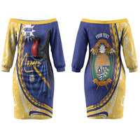 Personalised Nauru Angam Day Couples Matching Off The Shoulder Long Sleeve Dress and Hawaiian Shirt Naoero Frigatebird With Flag Proud