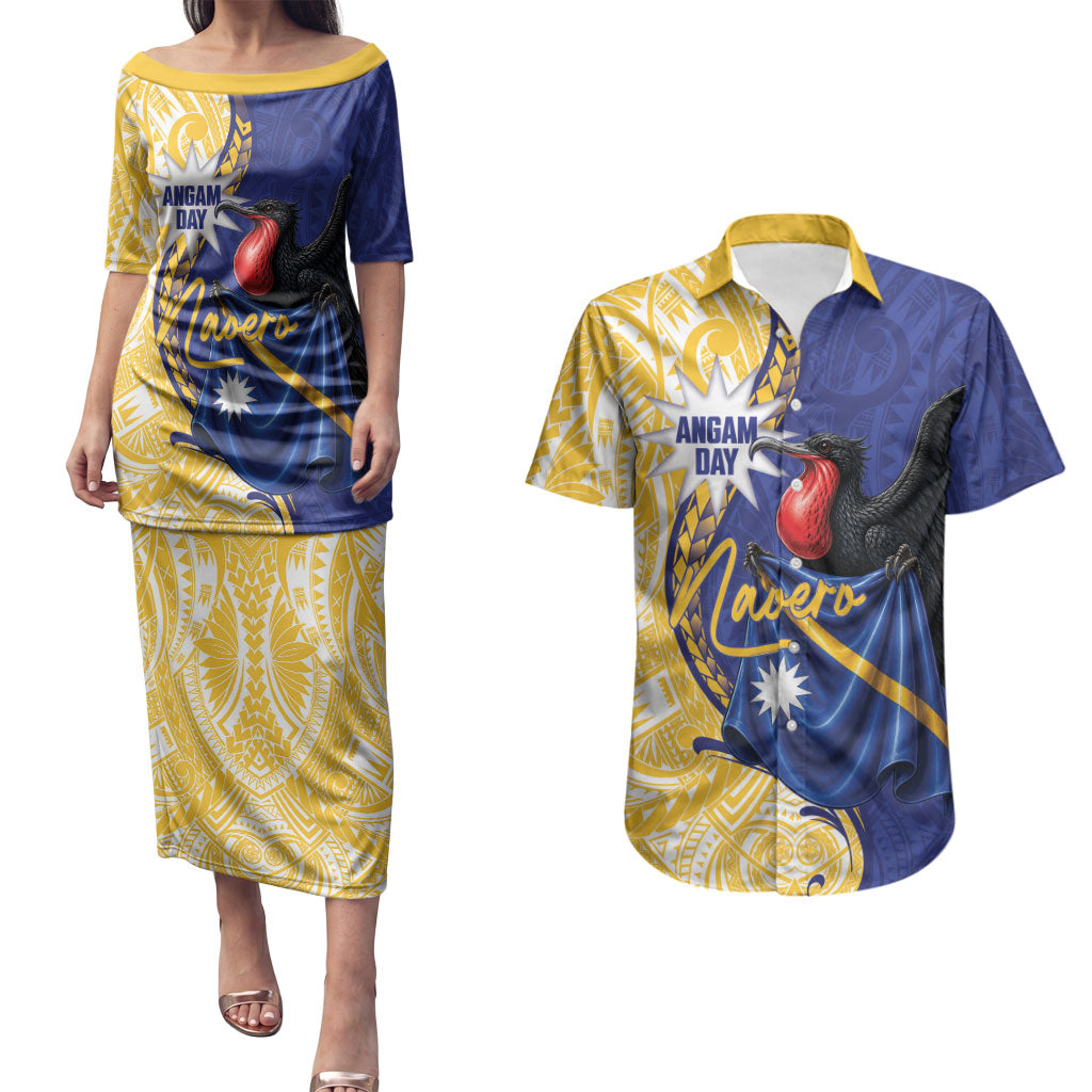 Personalised Nauru Angam Day Couples Matching Puletasi and Hawaiian Shirt Naoero Frigatebird With Flag Proud