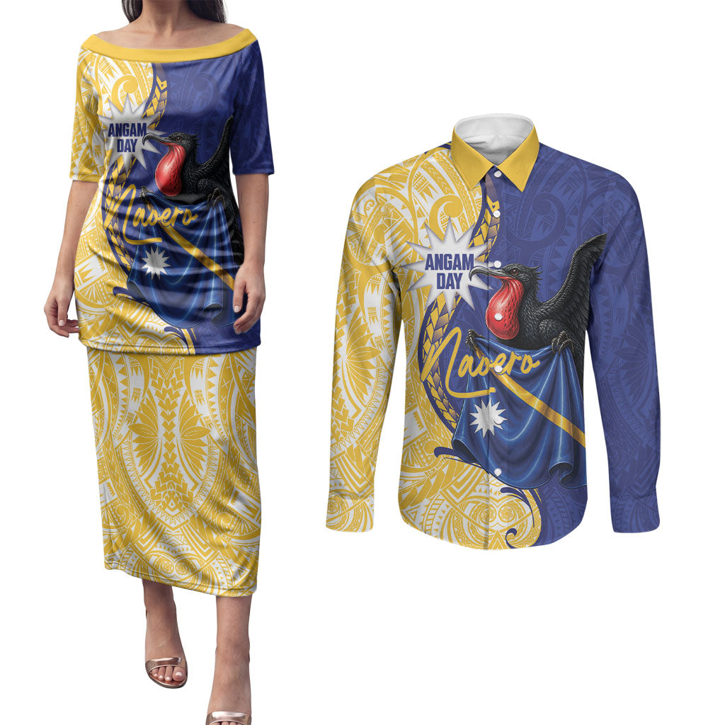 Personalised Nauru Angam Day Couples Matching Puletasi and Long Sleeve Button Shirt Naoero Frigatebird With Flag Proud