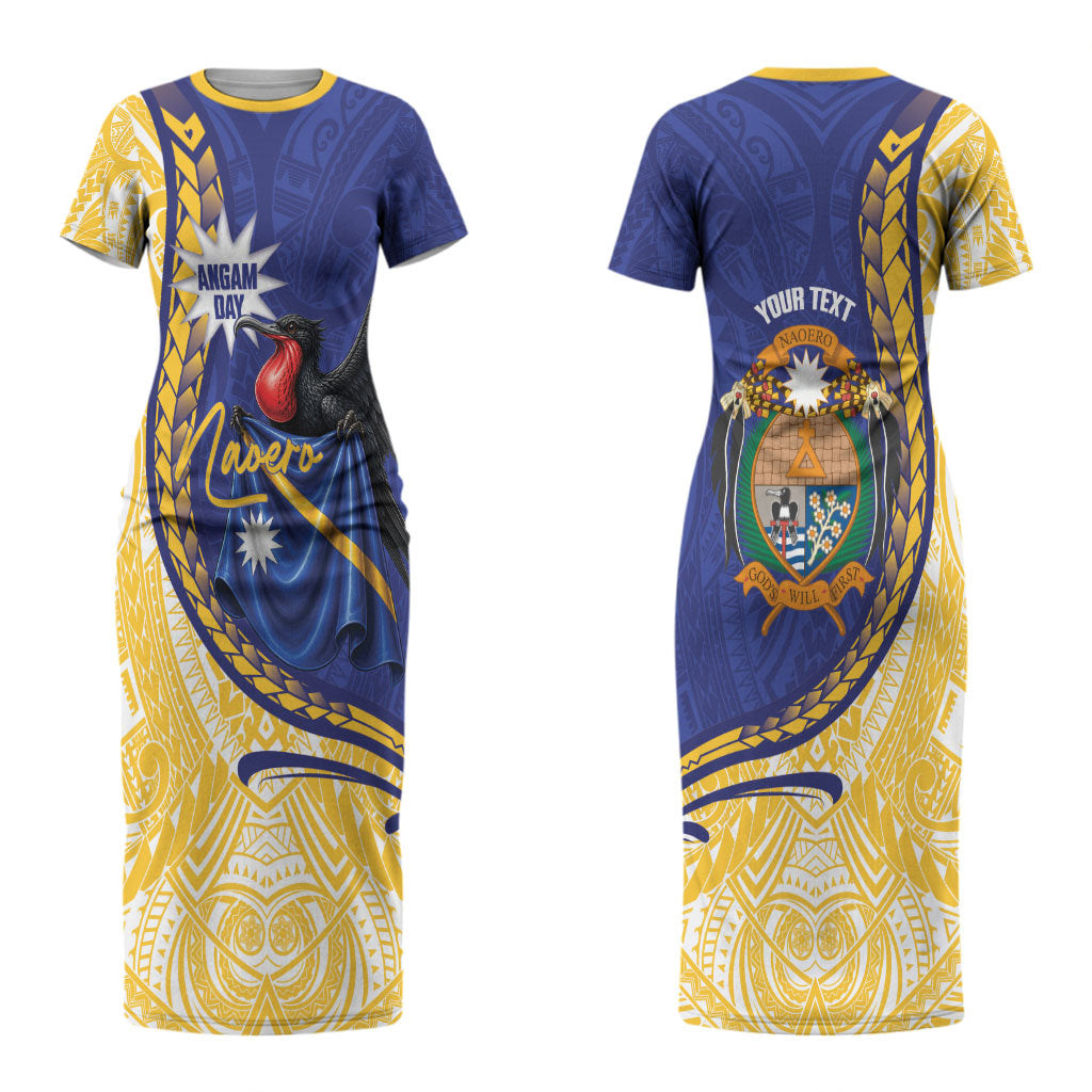 Personalised Nauru Angam Day Couples Matching Short Sleeve Bodycon Dress and Hawaiian Shirt Naoero Frigatebird With Flag Proud