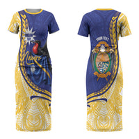 Personalised Nauru Angam Day Couples Matching Short Sleeve Bodycon Dress and Hawaiian Shirt Naoero Frigatebird With Flag Proud