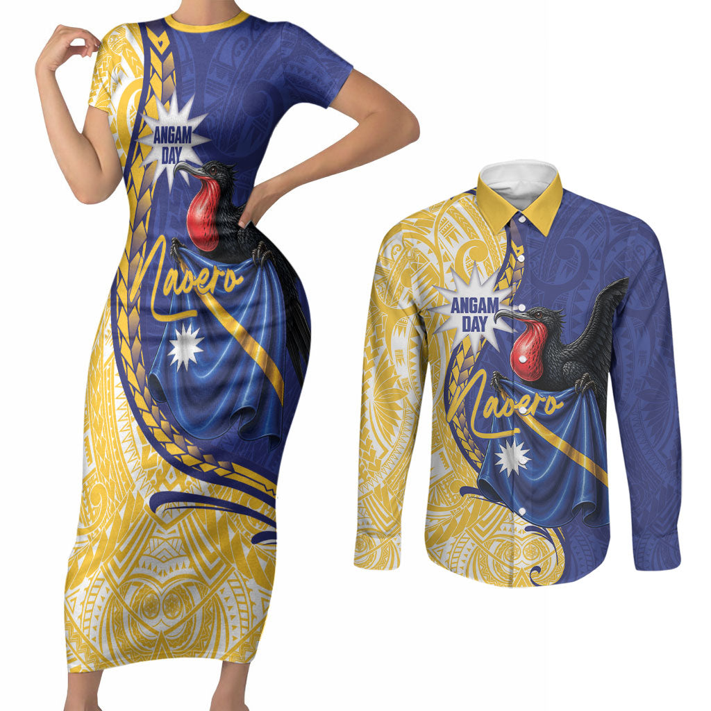 Personalised Nauru Angam Day Couples Matching Short Sleeve Bodycon Dress and Long Sleeve Button Shirt Naoero Frigatebird With Flag Proud