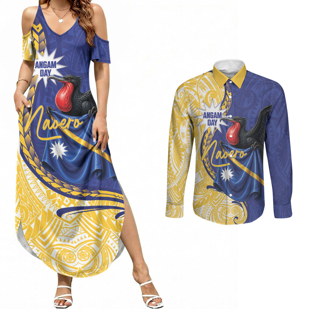 Personalised Nauru Angam Day Couples Matching Summer Maxi Dress and Long Sleeve Button Shirt Naoero Frigatebird With Flag Proud