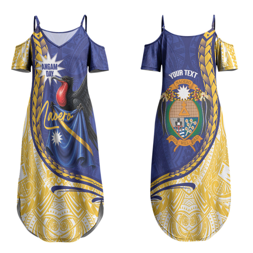 Personalised Nauru Angam Day Couples Matching Summer Maxi Dress and Long Sleeve Button Shirt Naoero Frigatebird With Flag Proud