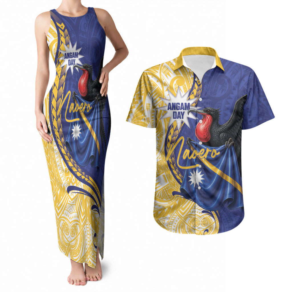 Personalised Nauru Angam Day Couples Matching Tank Maxi Dress and Hawaiian Shirt Naoero Frigatebird With Flag Proud