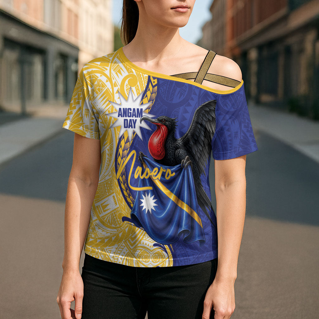 Personalised Nauru Angam Day Cross Shoulder Shirt Naoero Frigatebird With Flag Proud