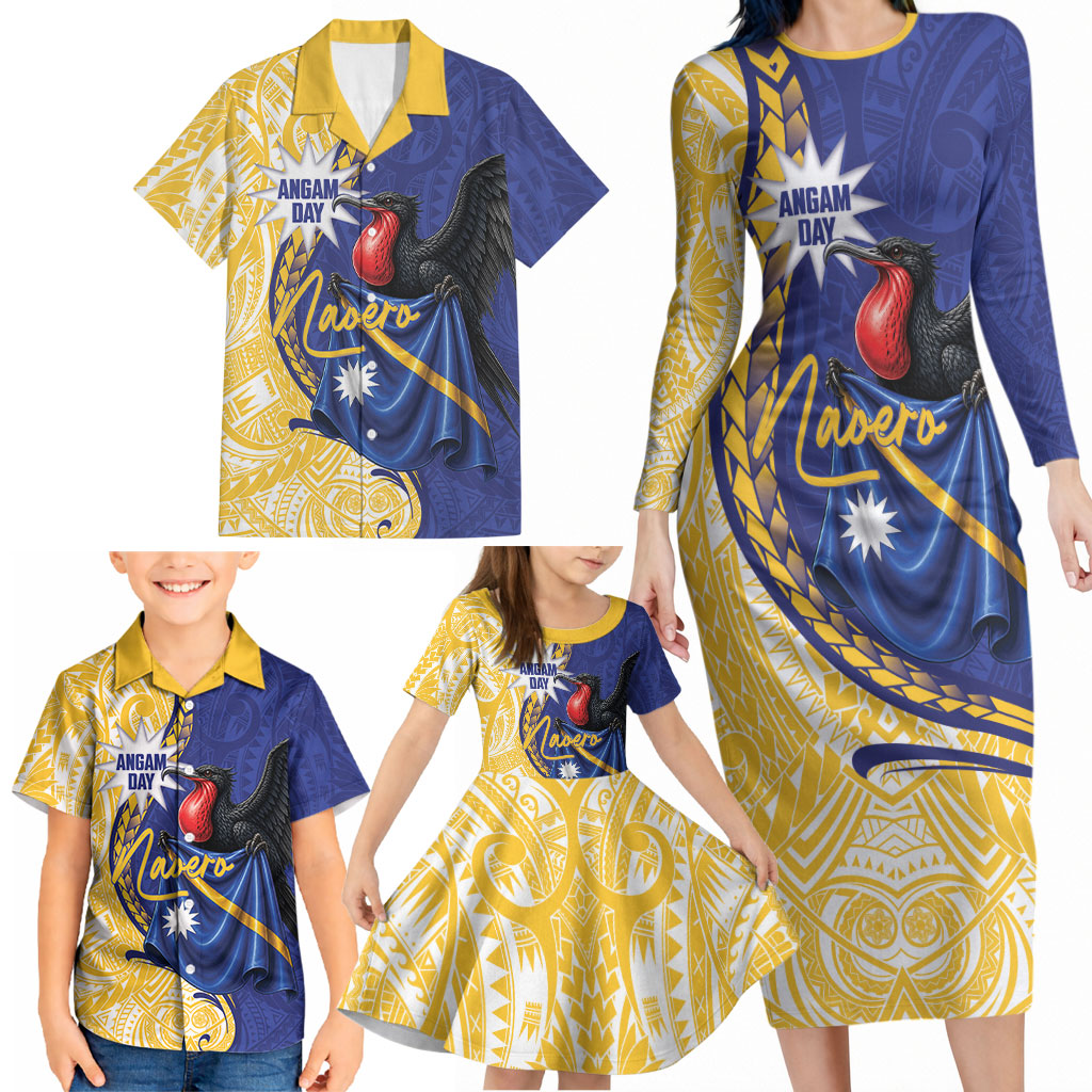 Personalised Nauru Angam Day Family Matching Long Sleeve Bodycon Dress and Hawaiian Shirt Naoero Frigatebird With Flag Proud