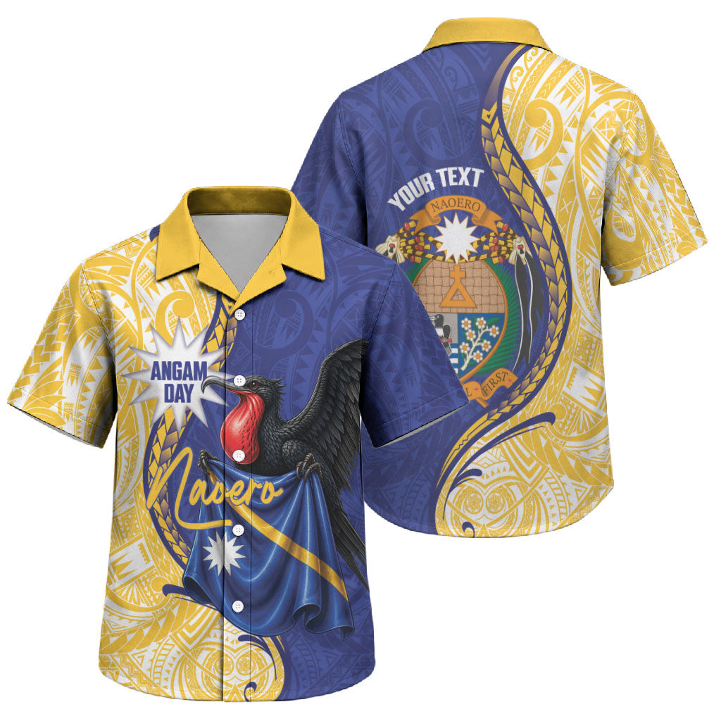 Personalised Nauru Angam Day Family Matching Long Sleeve Bodycon Dress and Hawaiian Shirt Naoero Frigatebird With Flag Proud