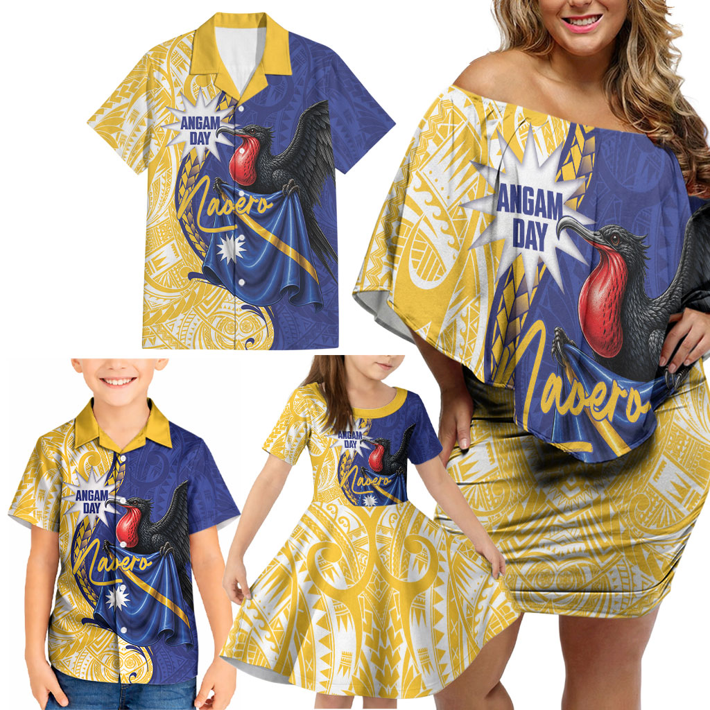 Personalised Nauru Angam Day Family Matching Off Shoulder Short Dress and Hawaiian Shirt Naoero Frigatebird With Flag Proud