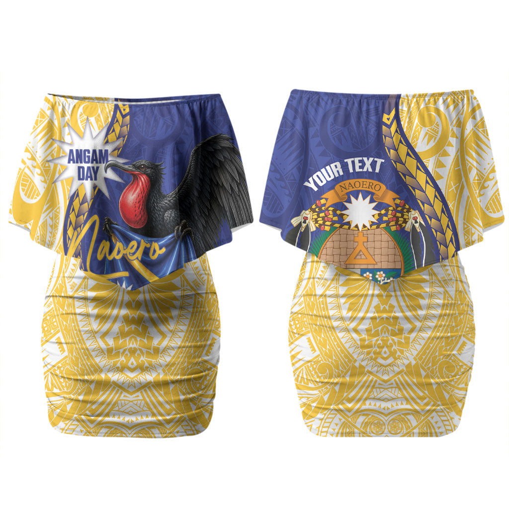 Personalised Nauru Angam Day Family Matching Off Shoulder Short Dress and Hawaiian Shirt Naoero Frigatebird With Flag Proud