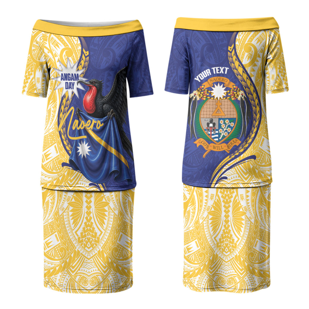 Personalised Nauru Angam Day Family Matching Puletasi and Hawaiian Shirt Naoero Frigatebird With Flag Proud