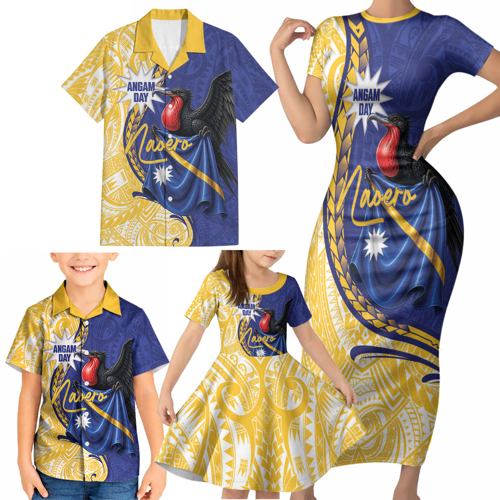 Personalised Nauru Angam Day Family Matching Short Sleeve Bodycon Dress and Hawaiian Shirt Naoero Frigatebird With Flag Proud