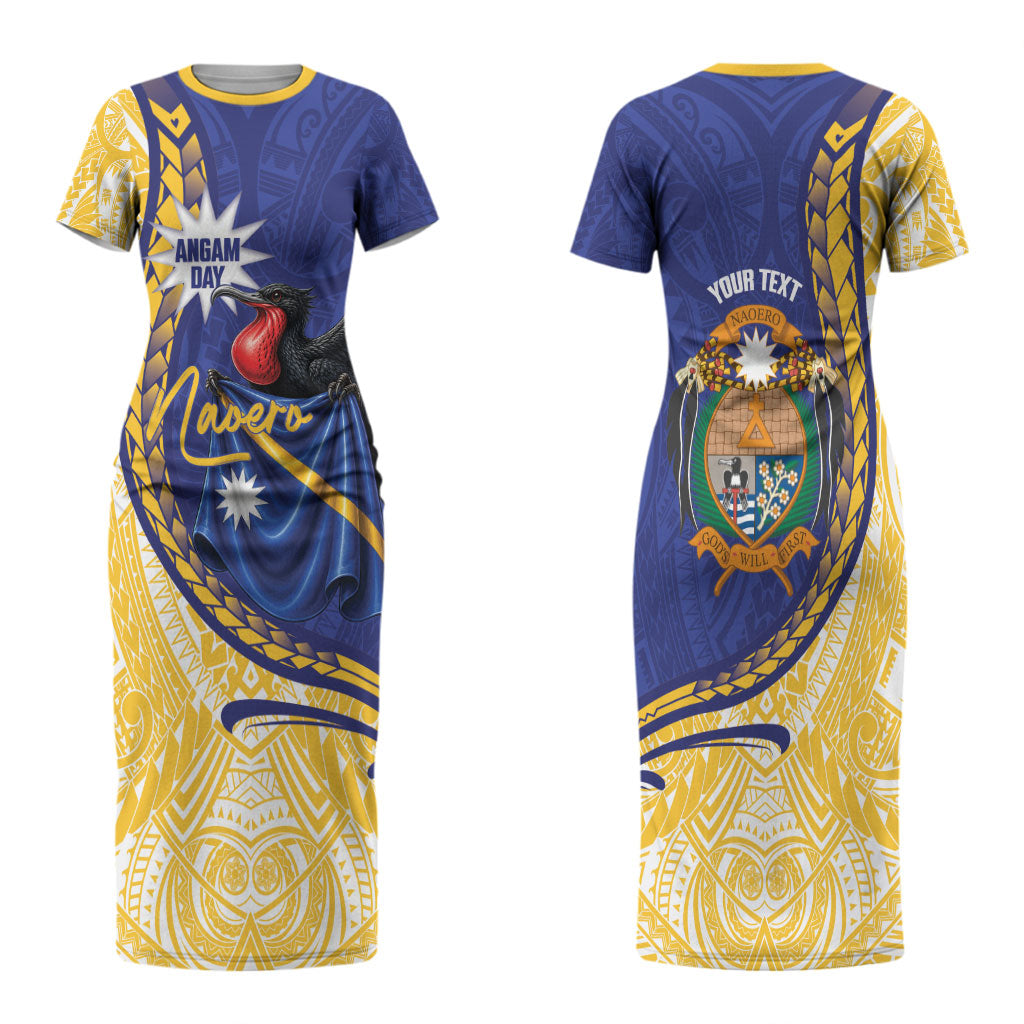 Personalised Nauru Angam Day Family Matching Short Sleeve Bodycon Dress and Hawaiian Shirt Naoero Frigatebird With Flag Proud