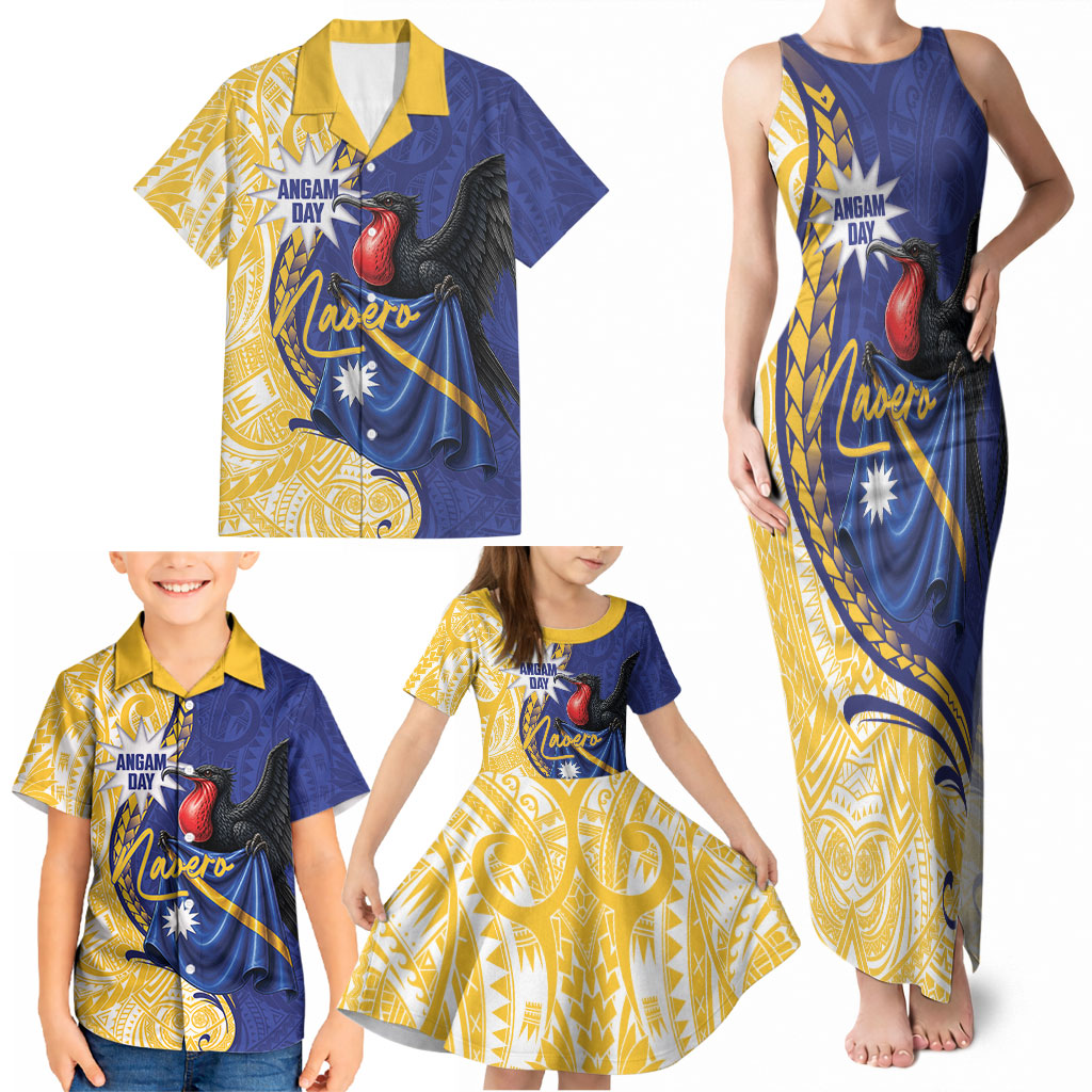 Personalised Nauru Angam Day Family Matching Tank Maxi Dress and Hawaiian Shirt Naoero Frigatebird With Flag Proud