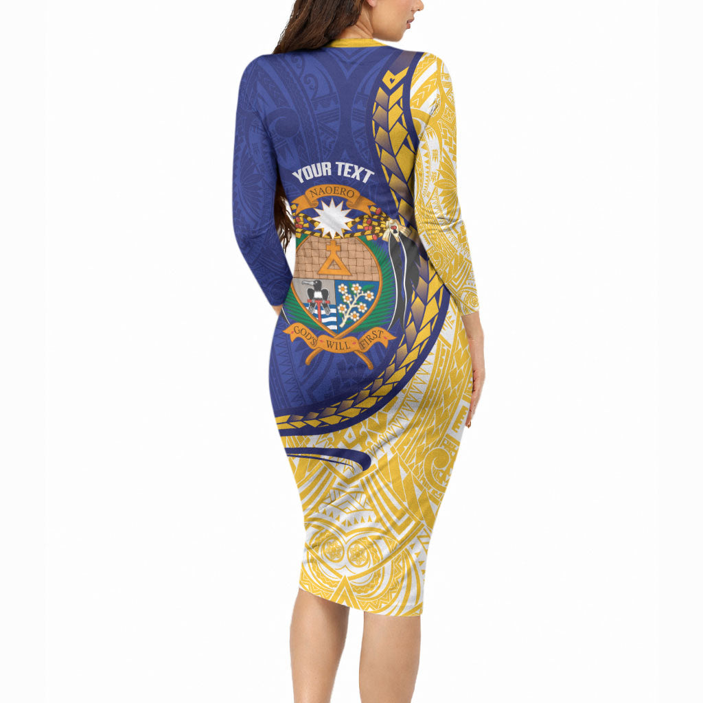 Personalised Nauru Angam Day Long Sleeve Bodycon Dress Naoero Frigatebird With Flag Proud