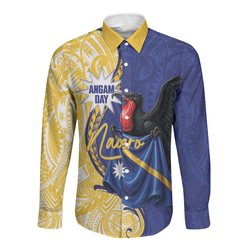 Personalised Nauru Angam Day Long Sleeve Button Shirt Naoero Frigatebird With Flag Proud