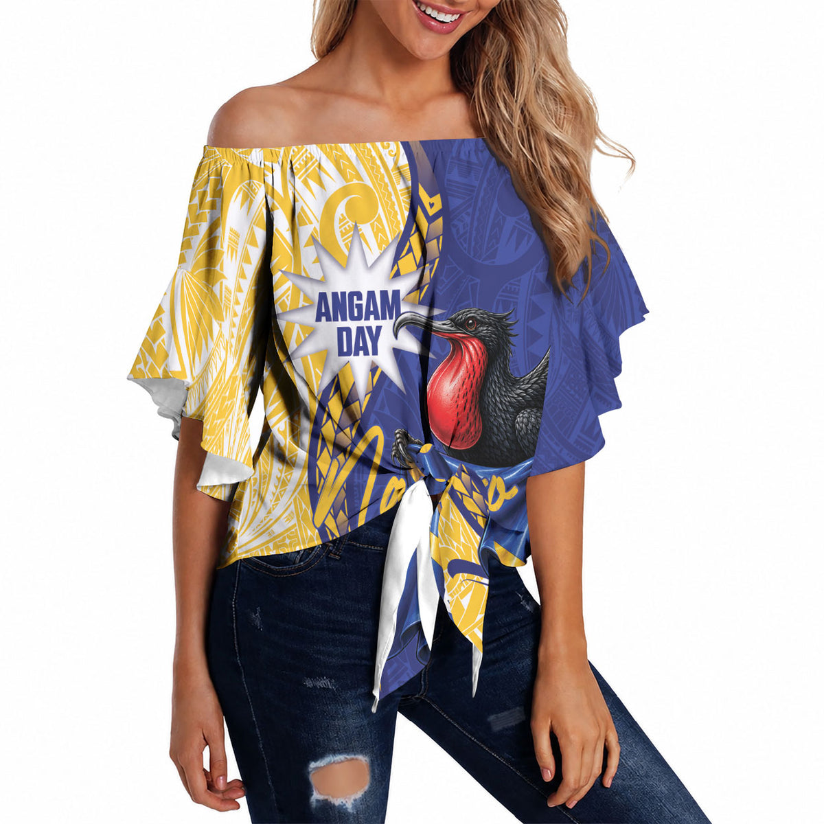 Personalised Nauru Angam Day Off Shoulder Wrap Waist Top Naoero Frigatebird With Flag Proud
