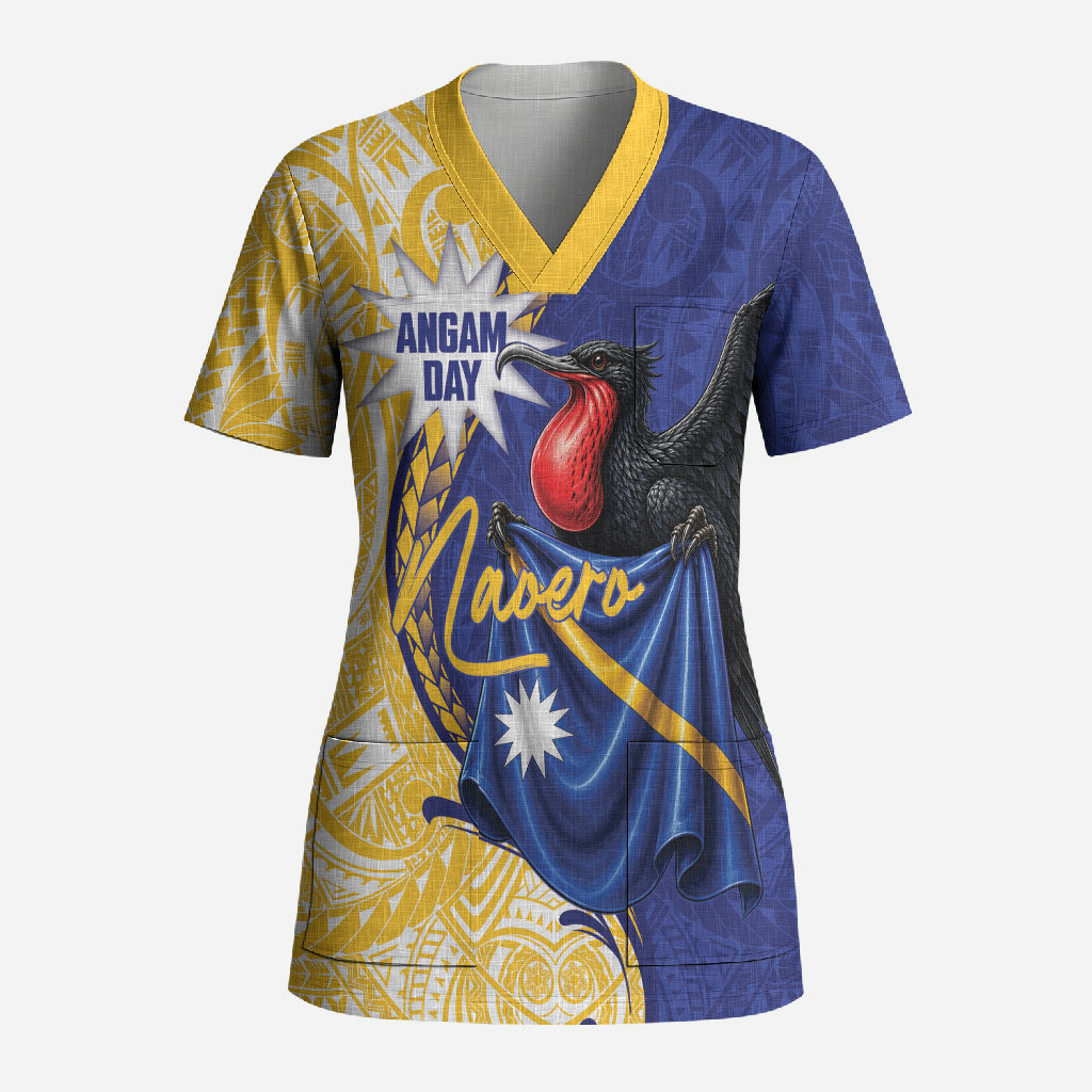 Personalised Nauru Angam Day Scrub Top Naoero Frigatebird With Flag Proud