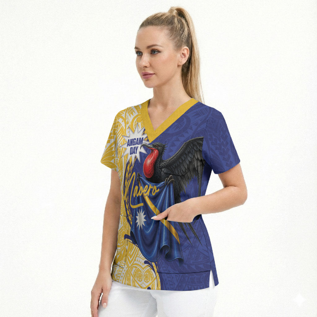 Personalised Nauru Angam Day Scrub Top Naoero Frigatebird With Flag Proud