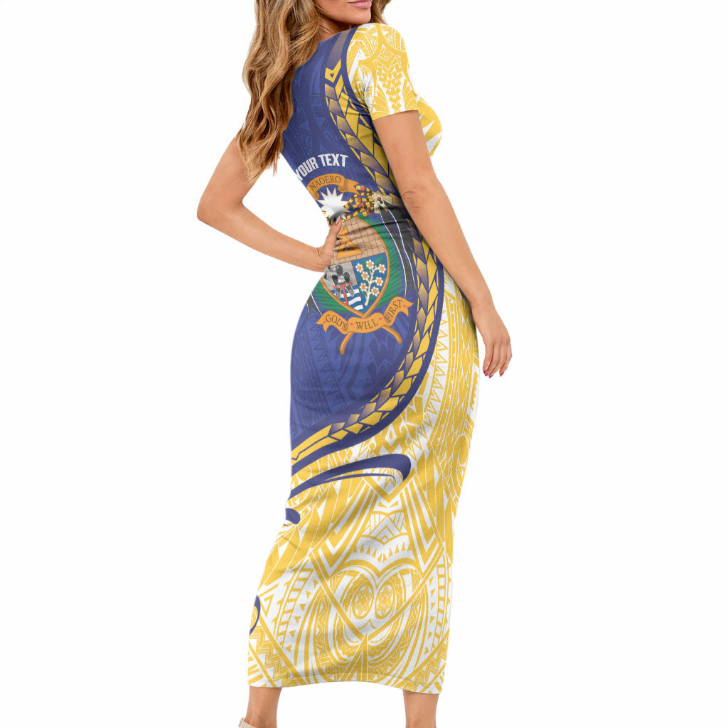 Personalised Nauru Angam Day Short Sleeve Bodycon Dress Naoero Frigatebird With Flag Proud