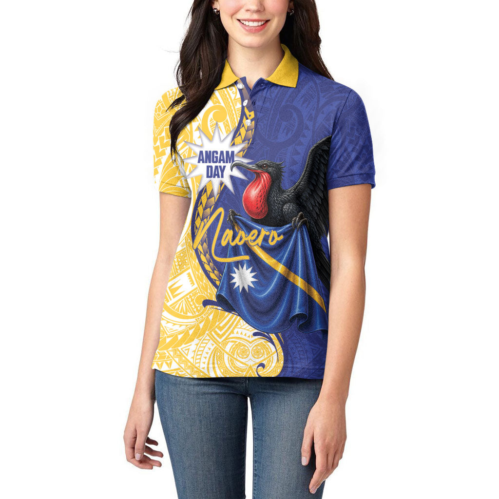 Personalised Nauru Angam Day Women Polo Shirt Naoero Frigatebird With Flag Proud