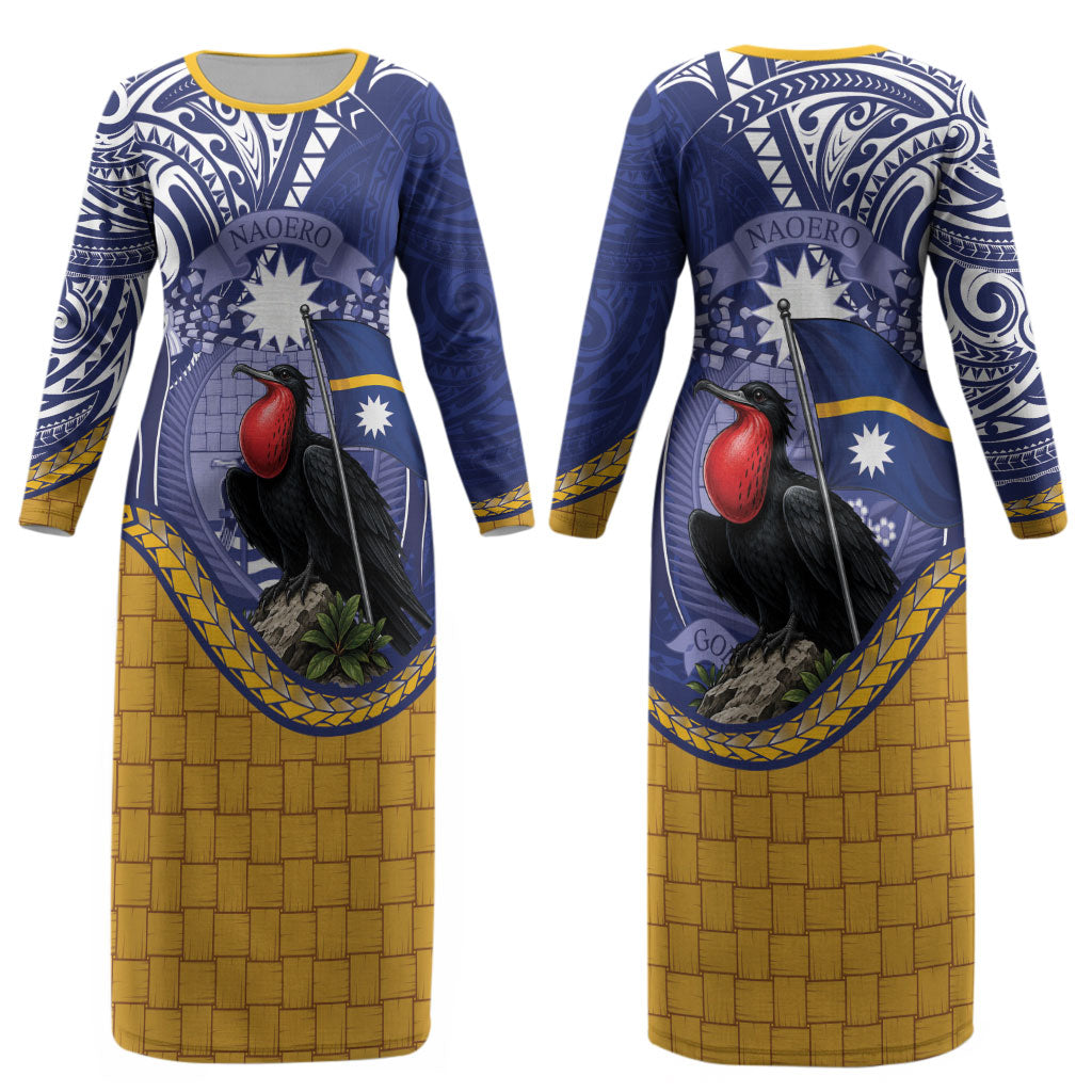 Magnificent Frigatebird Nauru Couples Matching Long Sleeve Bodycon Dress and Hawaiian Shirt Pandanus Weaving Polynesian Pattern